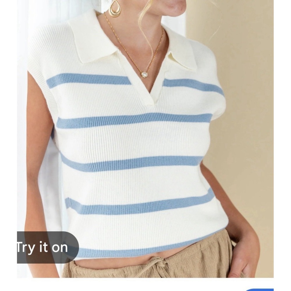 Altar'D State Cream Blue Stripe rib-knit collared sweater vest medium NWT